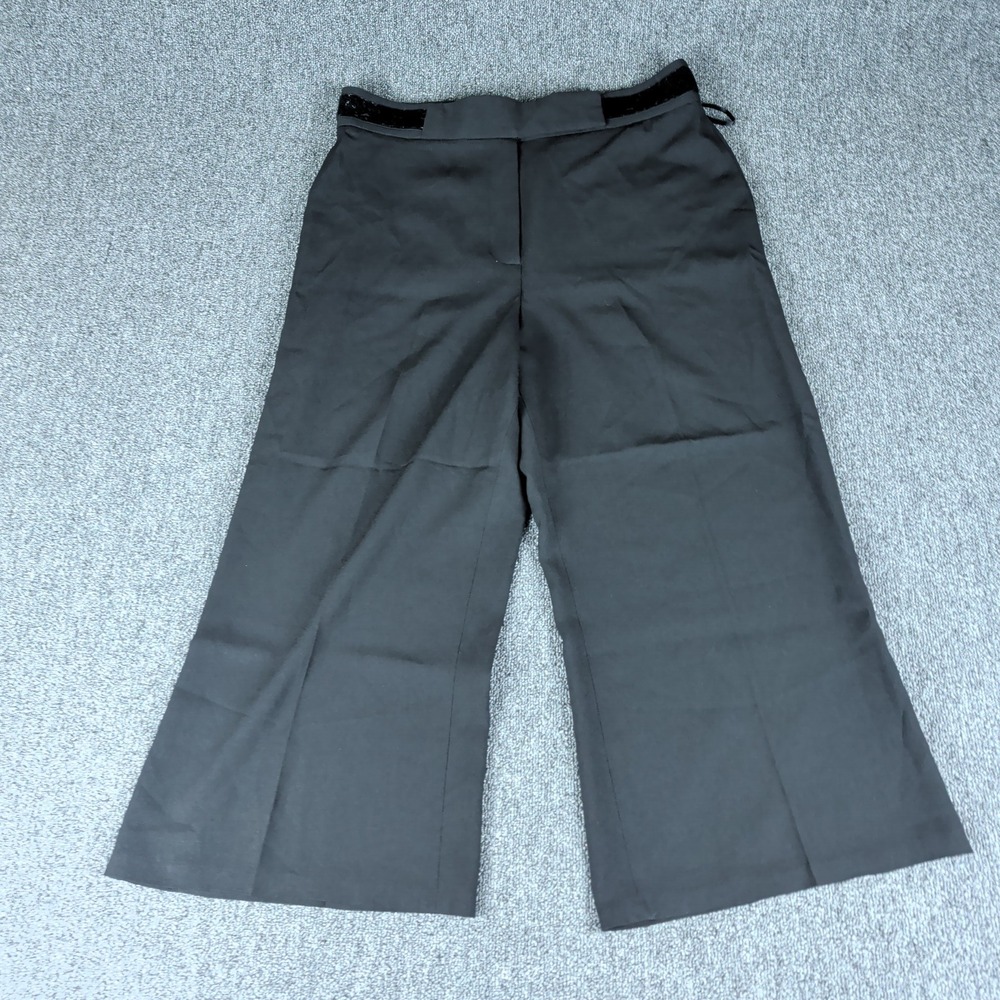 Nine West Size 12 Black Wide Leg Culotte Trousers Velvet Trim Cropped Pants